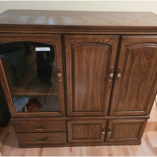 Media Cabinet with Glass Display, Adjustable Shelves, and Drawers