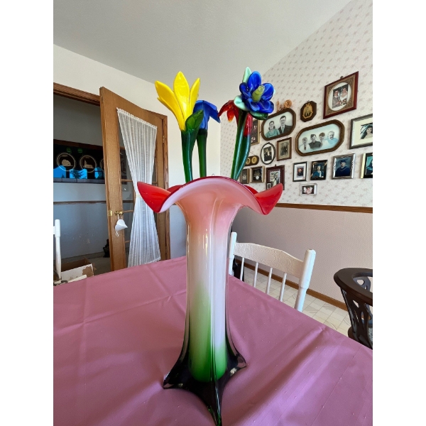 Red hand Made Vase with hand made blown glass .