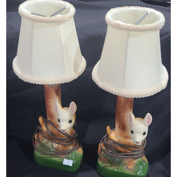 Two Vintage Deer Lamps w/ White Shades 5 W, 3 D, 14 T to Top of Shade 	