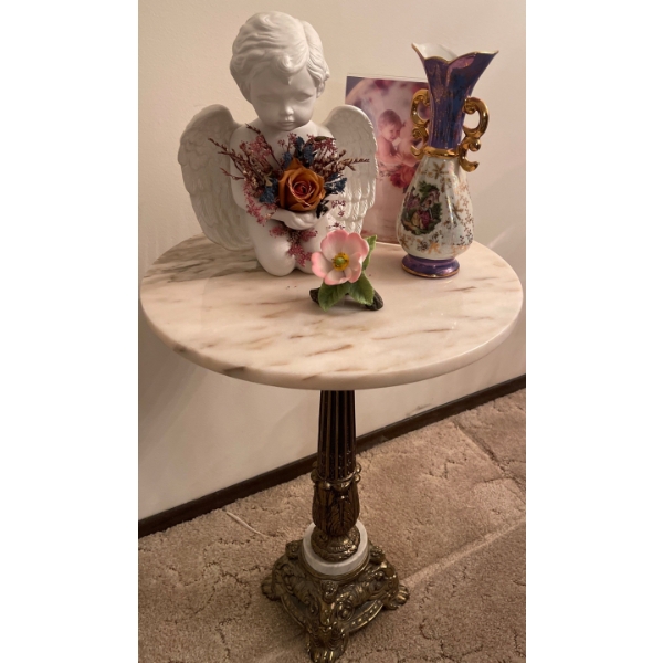 Marble & Brass Decorative Round Table 15x20 w/ Cherub Figurine & More
