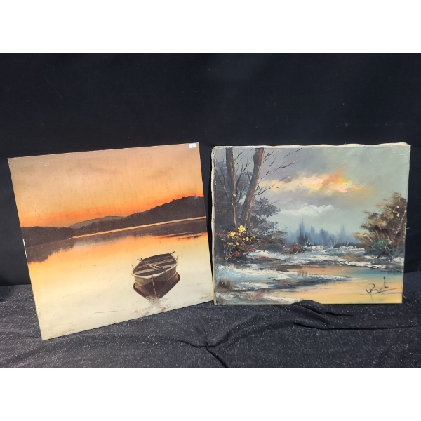 Lithograph of Boat 20 X 20 and Painting of Woods, Artist: Illegible, 20 X 24