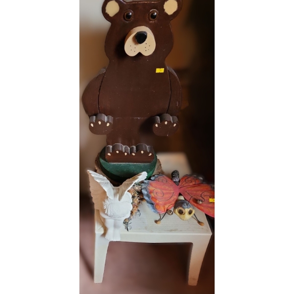 Painted Bear 10 W, 26 T, Angel 10 T, Outdoor Side Table 16 W, 16D, 16 T, Butterfly w/ Metal Wings 