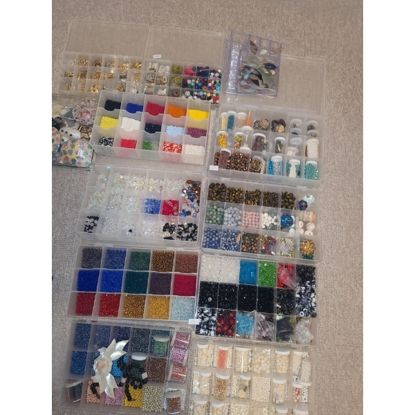Assorted Craft Beads and Containers as Shown