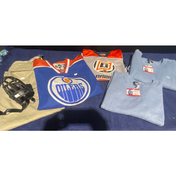 Men's Clothing Bundle  Oilers Jersey, Jock Cage, Sweaters & More