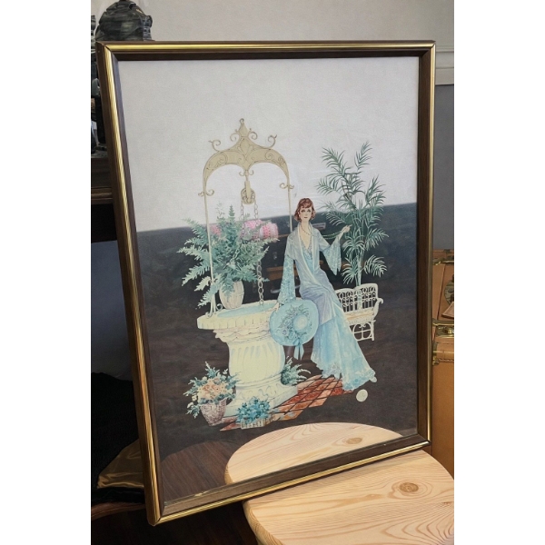 Vintage 1970’s Art Nouveau Mirror: Victorian Lady Lithograph, Floral Picture