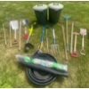 Image 2 : Assorted Yard Utensils-Ryobi Trimmer w/ battery, Shovels, Forks, Rakes, Edger, Trash Cans & More