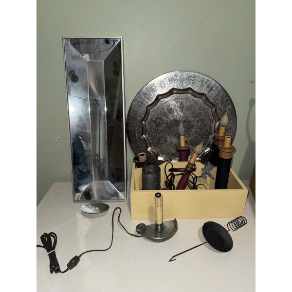 Candlestick Table Lamps, Rectangular Mirror, and Decorative Metal Tray