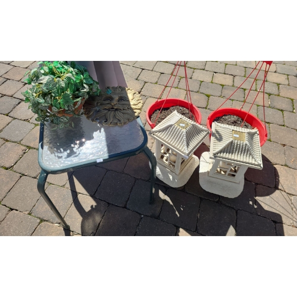 Outdoor Table 18 X 18, 17.5 T, Resin Pagodas 14 T, Artificial Plant, Hanging Baskets and More!