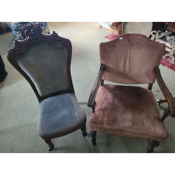 Velvet Upholstered Antique Wood Chairs (Pink 36 T, 24 L,  22 W and Green 44 T, 18 L, 18 W)