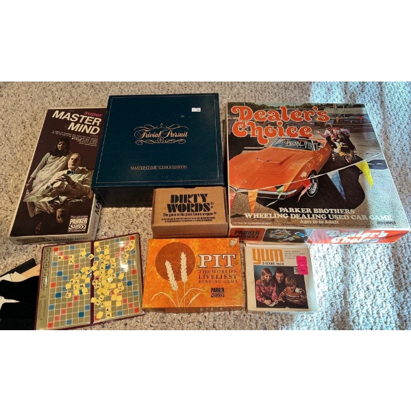 Dealers Choice, Mastermind, Pit, Dirty Words, Mini Scrabble,Trivial Pursuit Board Games