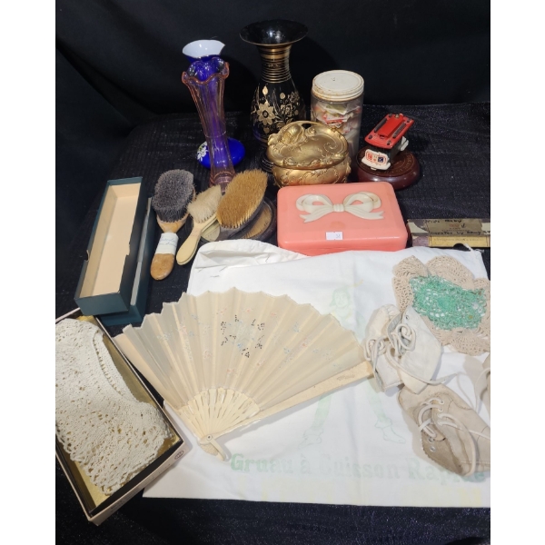 Vases:Metal Black & Gold 9 T, Blue Glass 8 T- Pink Box 7 W, 5.5 D, Brushes, Lace Collar and More!