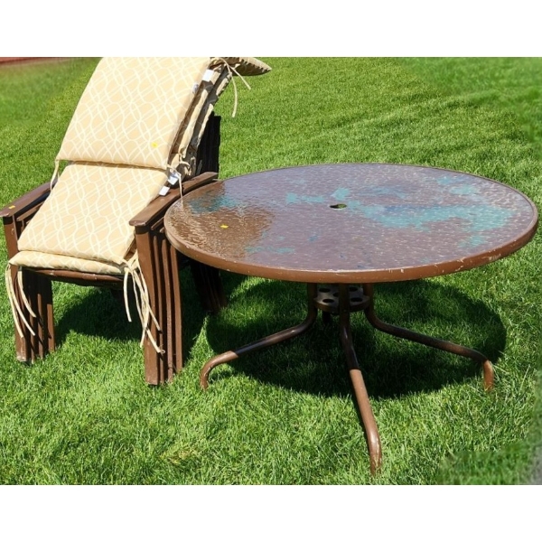 Metal Patio Table 42" Diameter Tempered Glass Top, 26 T, Set of 4 Chairs25 W, 23 D, 34/ Cushions 