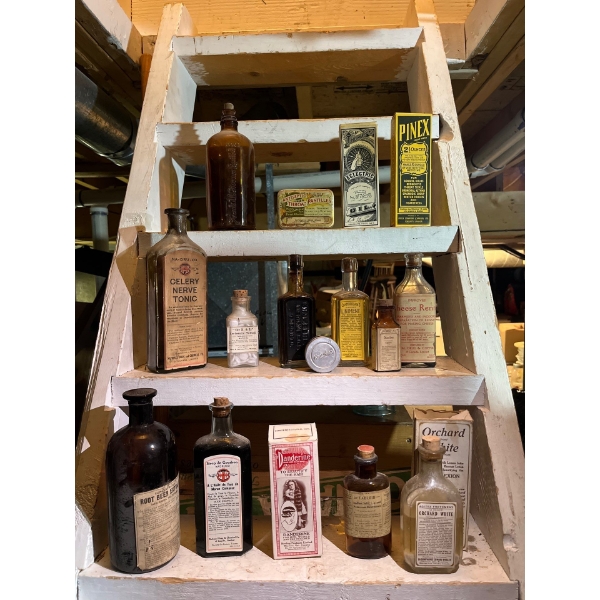 collection of apothecary and medicine bottles root beer, extract, Phoenix, Orchard and white antisep