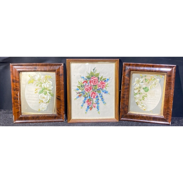 Framed Floral Cross Stitch and 2 Framed Bible Verses