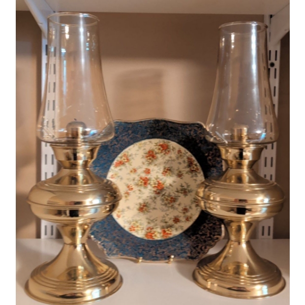 2 Hurricane Style Brass Lamps w/ Royal Winton Decorative Floral Plate 