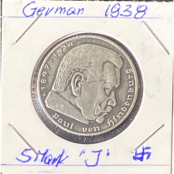 1938 German 5 Mark Coin 90% Silver 13.77 Grams 