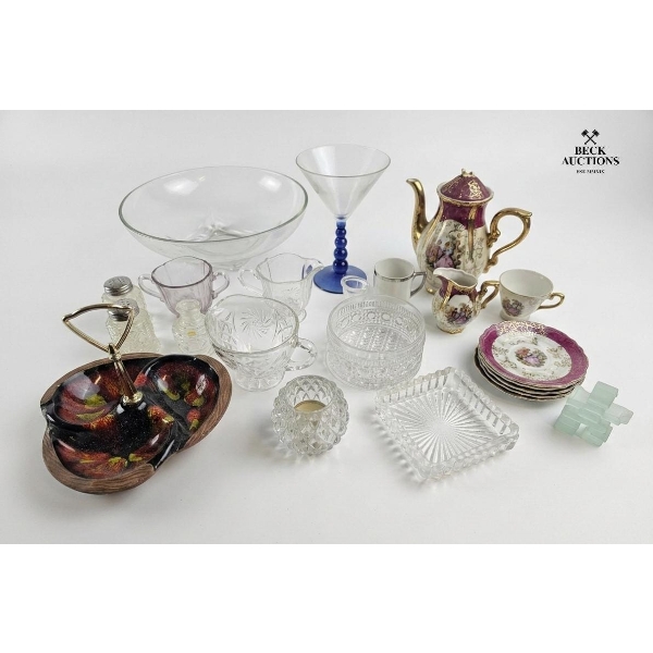 A Large Glass Bowl 10''INCHES , Porcelain Teapot , Various Cut Crystal Dishes And More.