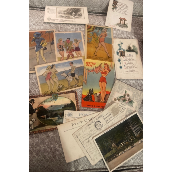 Antique Tobacco Tin Pocket Watch Oster Manual Clippers Mo.105 w/ Assorted Postcard Collection