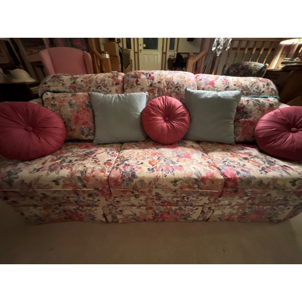 Custom made solid wood frame floral print vintage couch and chair in like new condition very comfort