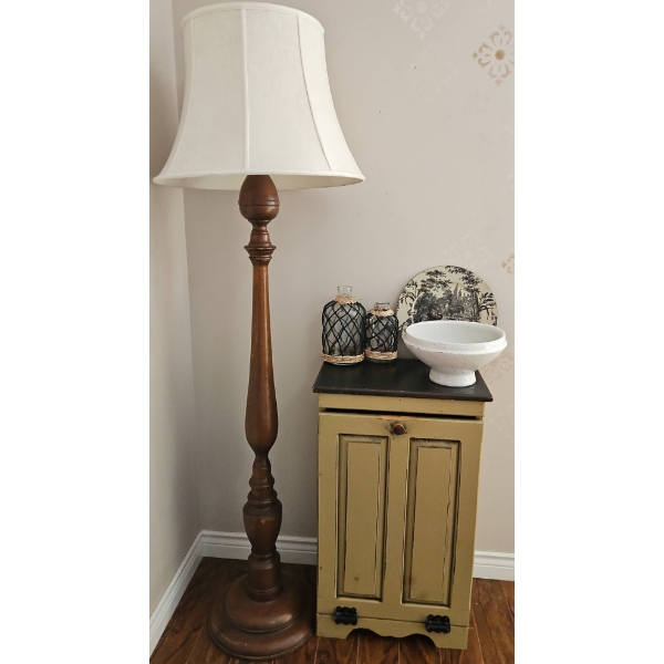 Wood Floor Lamp, Glass Bottles, Bowl, Decorative Cabinet, Plate Assortment