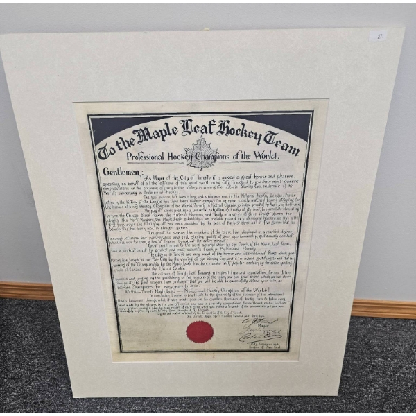 Framed Maple Leaf Hockey Team Certificate, 20" x 25"