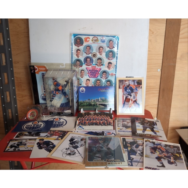 Vintage Oilers Pogs, Post Cards, Variety of Oversized Cards, Mark Messier Figurine
