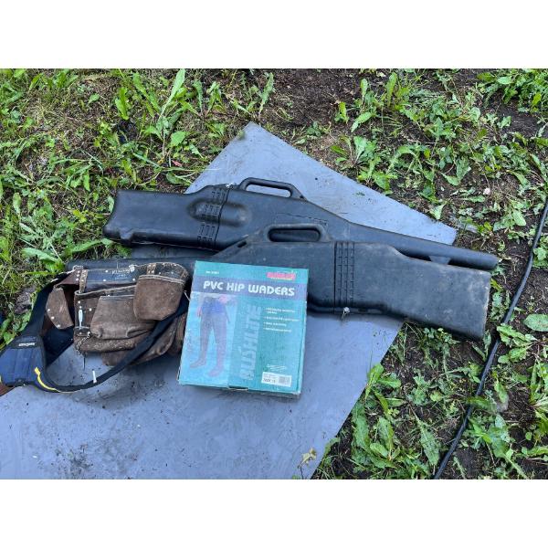 Gun cases X 2  hard plastic , bushline outdoor PVC Hip Waders, size 10, and Kunys full tool belt wit