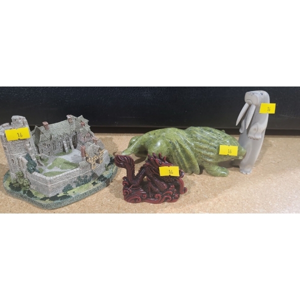 Assorted Household Decor Including: Green Stone Carving of Animal 6.5 X 2.5, Red Dragon and More!