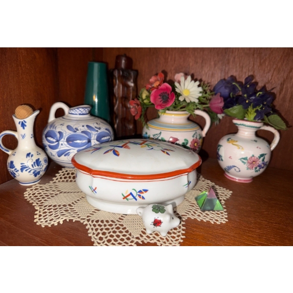 French Faience Sugar Bowl + Lid Handpainted Royal Delpht Porcelain & More 