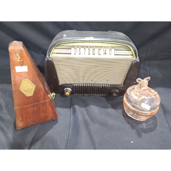 Vintage Radio 12 W, 7 D, 7.5 T, Maelzel Metronome 9 T, Pink Glass Jar w/ Dog 4" Diameter Top, 5 T