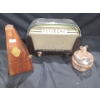 Image 1 : Vintage Radio 12 W, 7 D, 7.5 T, Maelzel Metronome 9 T, Pink Glass Jar w/ Dog 4" Diameter Top, 5 T