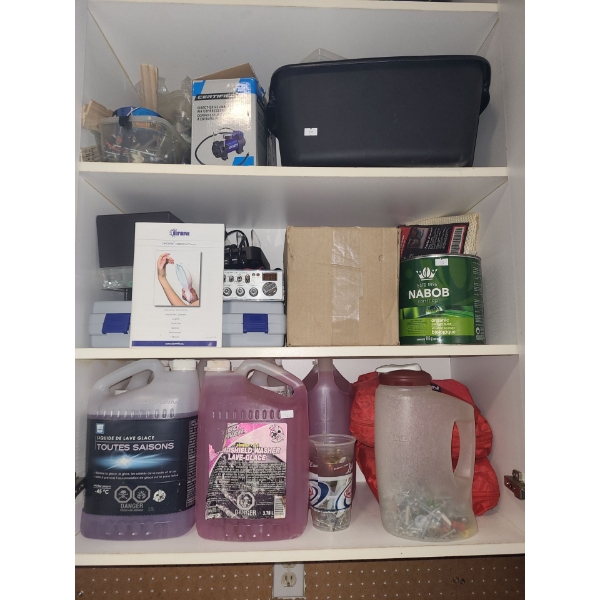 Miscellaneous Garage Lot Including: Washer Fluid, Air Compressor, Hardware