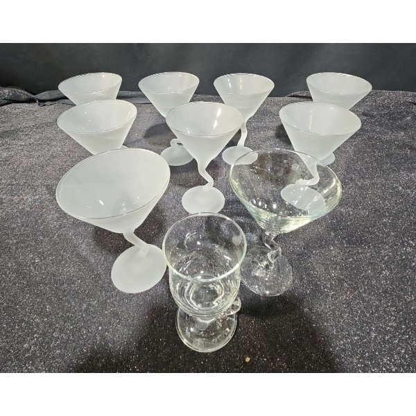 Frosted Martini Glasses with a Bent Stem Design. One Clear Glass and Irish Coffee Glass Included!