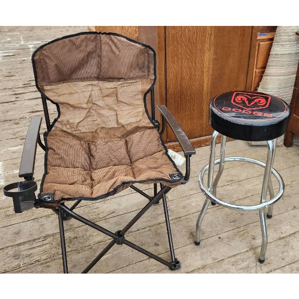 Oversized Hard Arm Camping Chair and Dodge Chrome Bar Stool, 29 Inches High