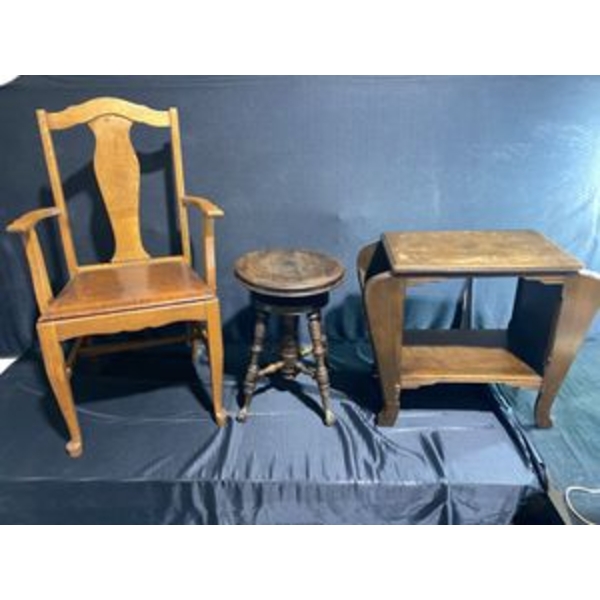 Swivel Wooden Stool, 1940s Mahogany Side Table, Oak Armchair