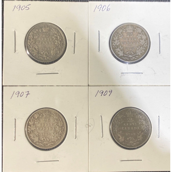 1905, 1906, 1907, and 1909 92.5% Silver Quarters 5.81 Grams Each