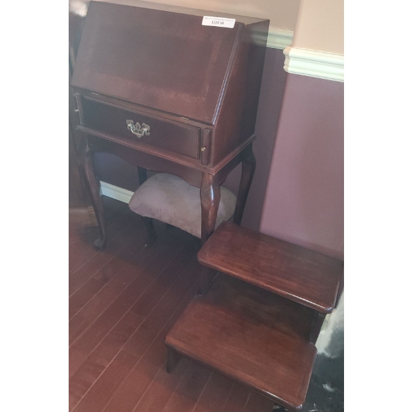 Wood Secretary Desk 22 1/2 w 40 1/2 h & Includes Wood Bed Steps & Small Upholstered Bench