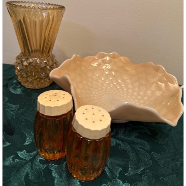 Thistle Vase & Ruffle Bowl Marigold Carnival Glass  Westmore & Co