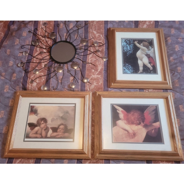 Set of 3 Cherub Prints (14x17 Each) w/ Lovely Hangable Decorative Mirror (22W) 