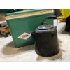 Image 3 : Vintage Coleman cooler with green vintage thermos, water, jug, black camp kettle and a small Coleman