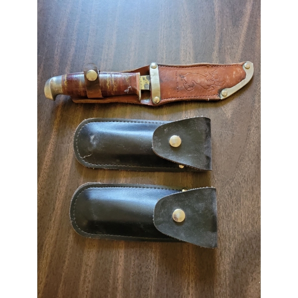 Vintage Contreband - 2 'Bullet" Folding Knives w/ Filet Knife in Genuine Leather Sheath