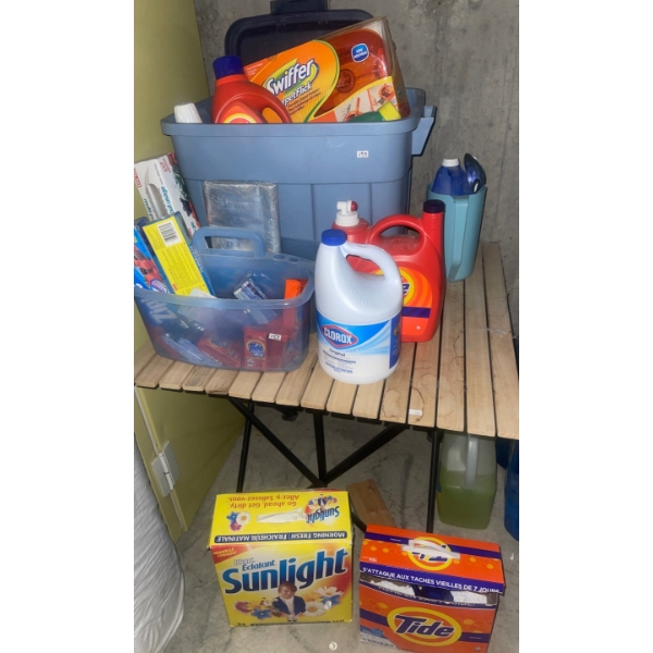 Laundry Table W/ Tote Of Basic Laundry Supplies  Tide, Clorox, Sunlight  Detergent, Soap, Static, St