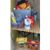 Image 1 : Laundry Table W/ Tote Of Basic Laundry Supplies  Tide, Clorox, Sunlight  Detergent, Soap, Static, St