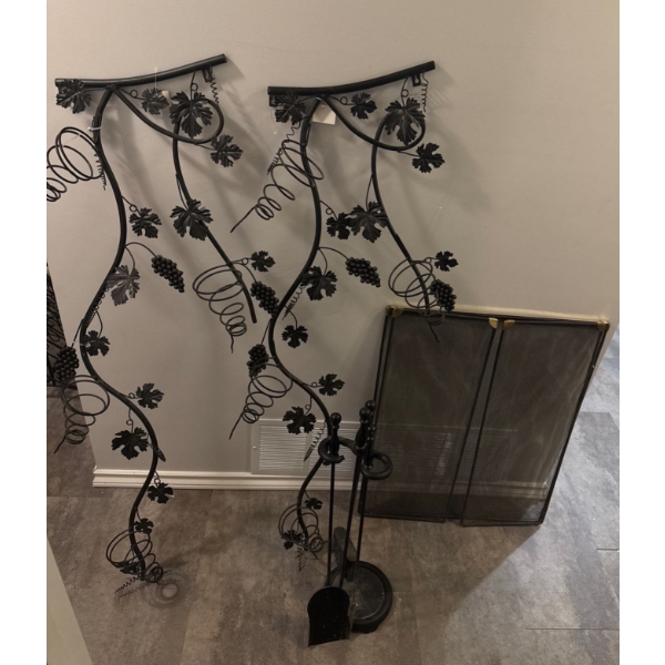 Cast Iron Decorative Wall Wine Racks (52T Each), and Metal Fireplace Accessories  