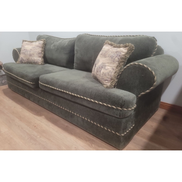 Elegant Upholstered Green Sofa w/ Accent Cushions  89w x 38d x 32tall