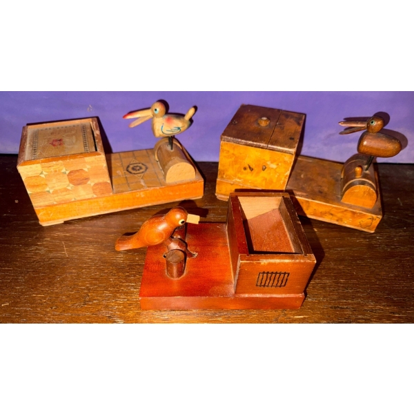 Three Vintage Mechanical Wooden Bird Cigarette Dispensers (1940's Era)