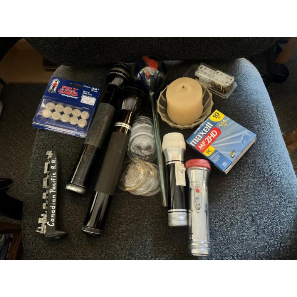 Assortment of flashlights, Glass jar lids, home hardware items plus collectible railroad spike 