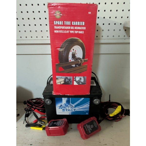 NEW Lead Acid Automotive Battery w/ Quick Start Battery Chargers Spare Tire Holder & Tactical Tote