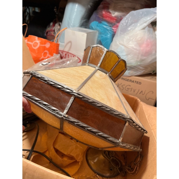 beautiful lead and glass Tiffany style hanging lampshade in original box X2