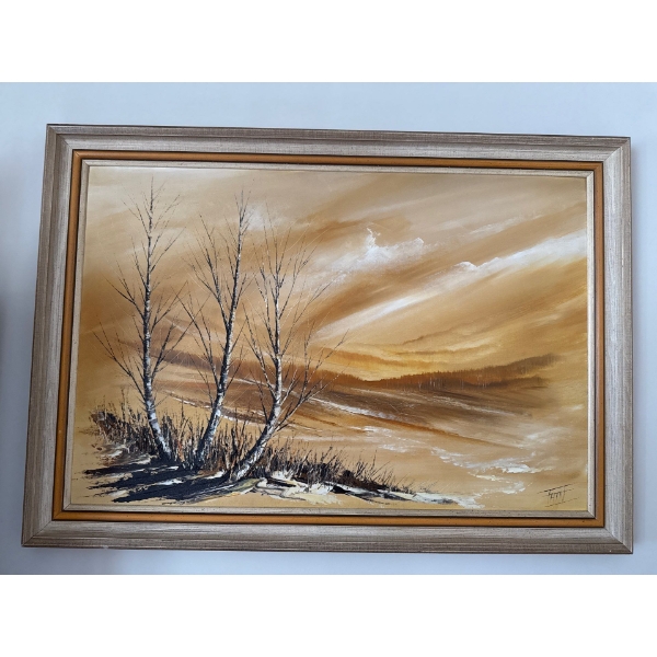 Vintage Oil On Board Landscape Art 41x28 Signed T.Hin 